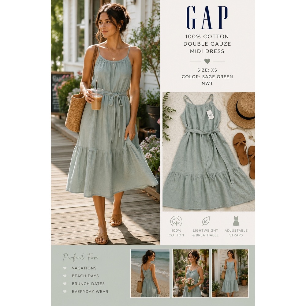 NWT GAP Womens XS Sage Green 100% Cotton Double Gauze Midi Boho Coastal Dress